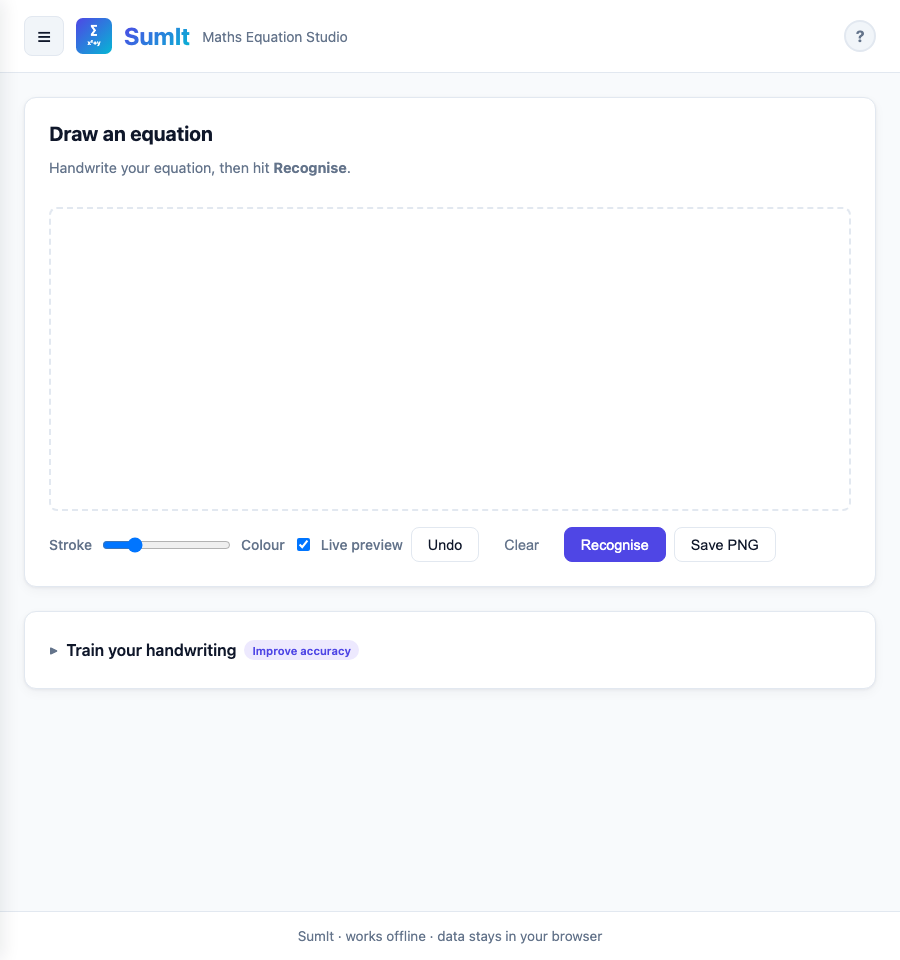 The Draw tab with a canvas, stroke controls and Recognise button