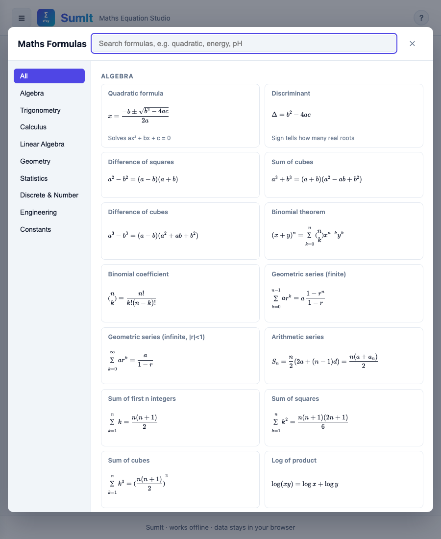 Formula library showing algebra entries with rendered previews
