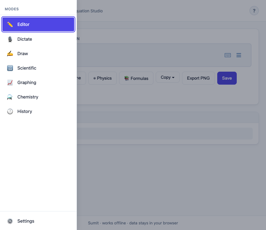 The SumIt navigation drawer with Editor, Dictate, Draw, Scientific, Graphing, Chemistry and History tabs