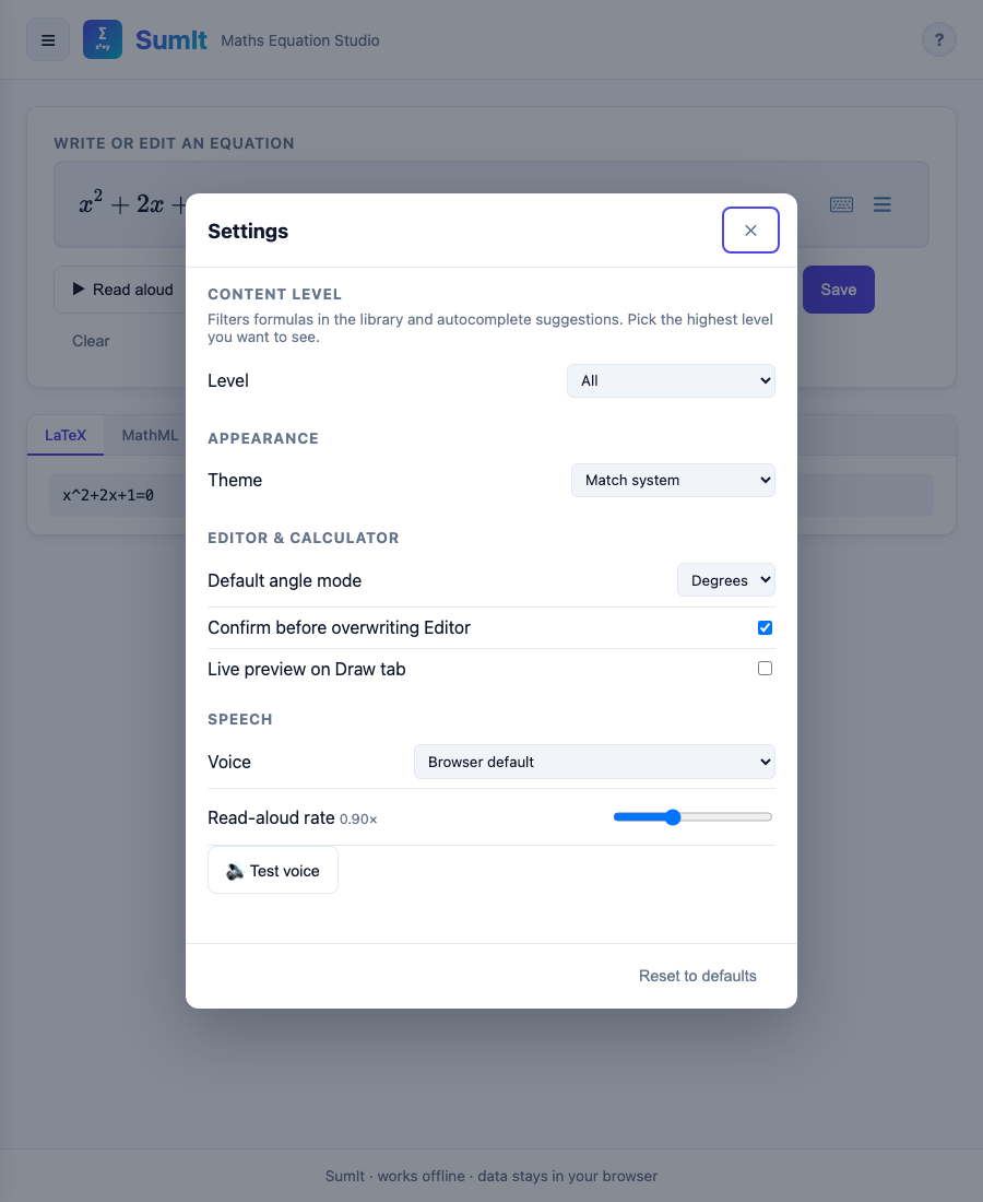 The Settings panel with content level, theme and voice options